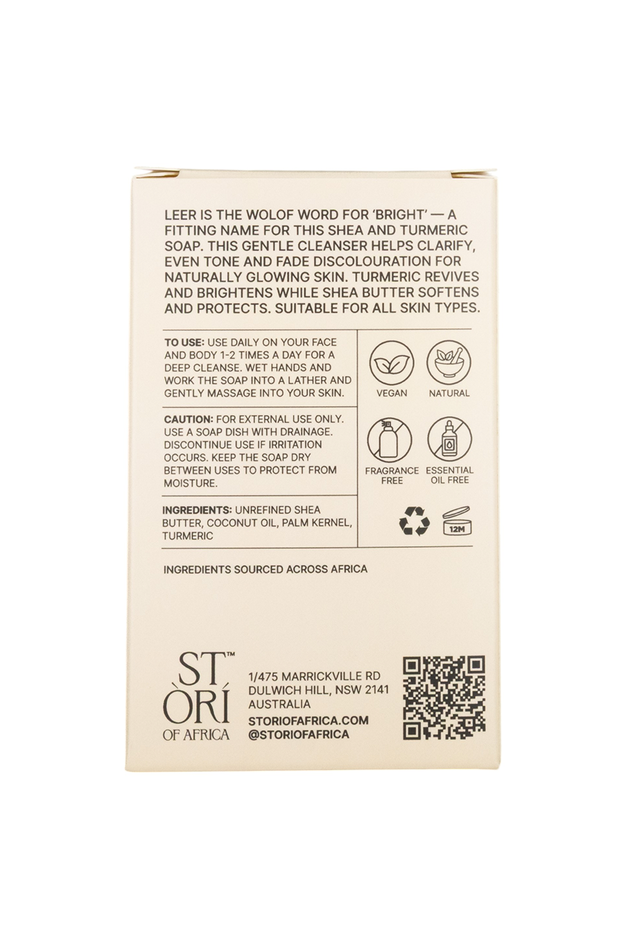 Leer Shea Butter and Turmeric Soap Box Back by Stori of Africa